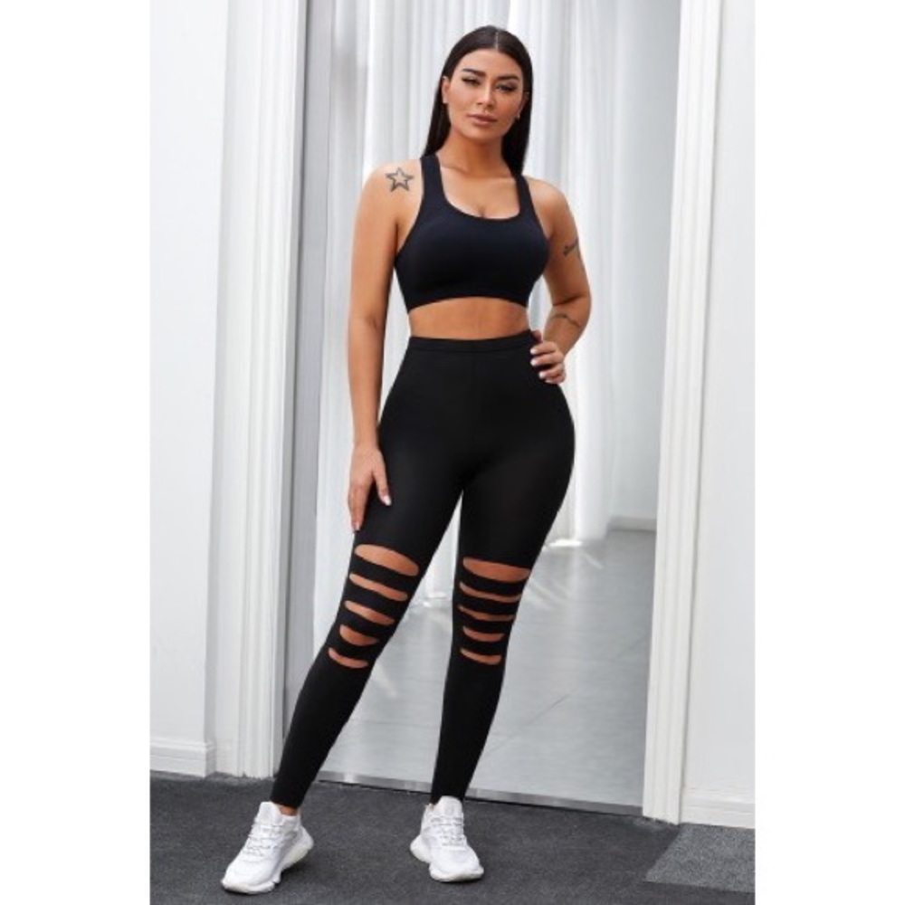 Black Hollow Out High Waist Leggings - Picture 2 of 10